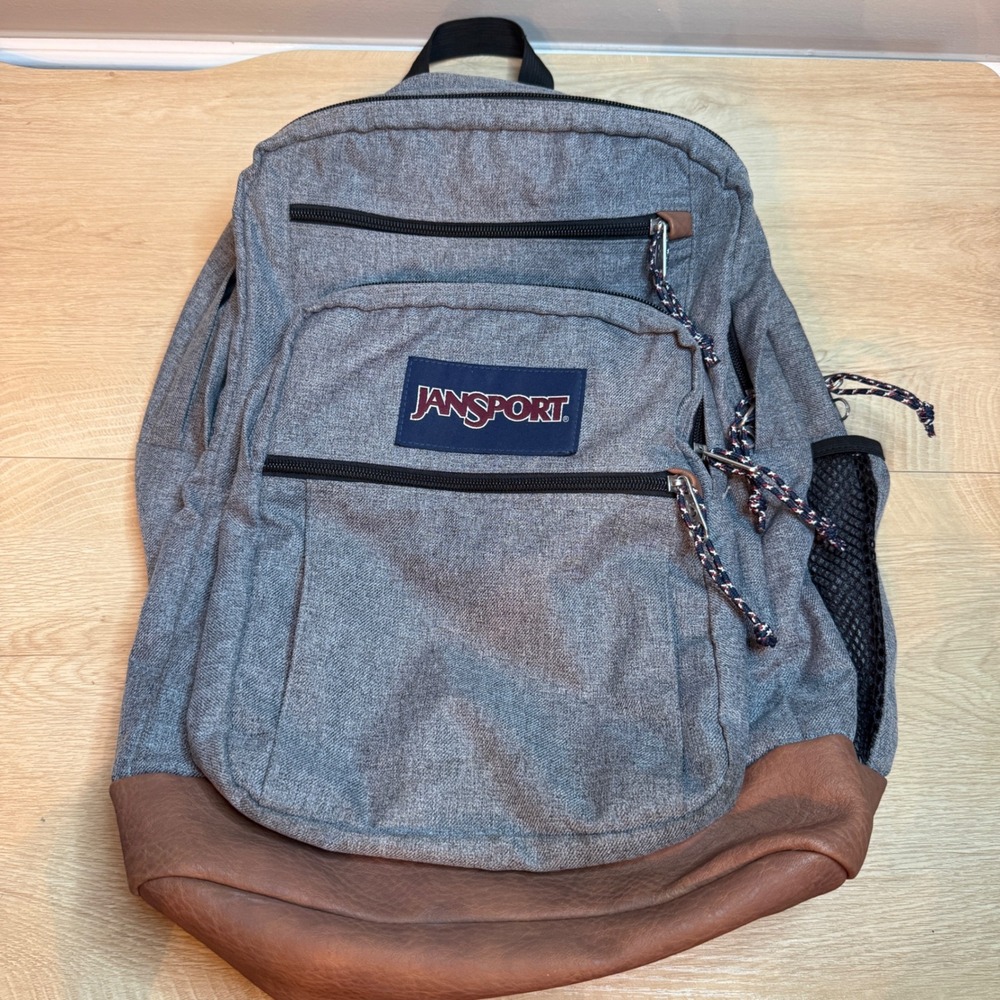 JanSport Cool Student Backpack Heathered Grey Brown Faux Leather Laptop Bag 34L